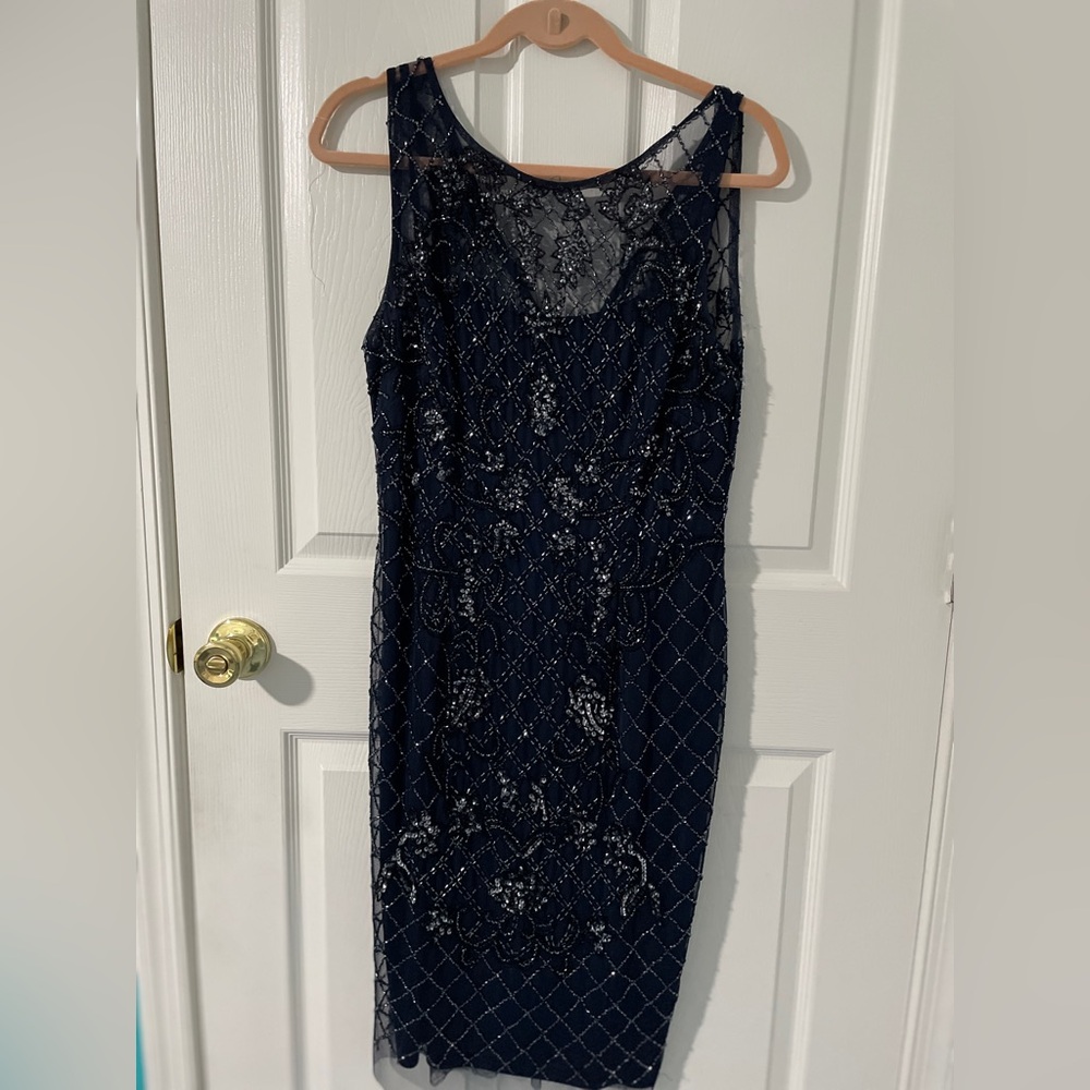 Adrianna Papell Blue Sequin Sheath Midi Dress